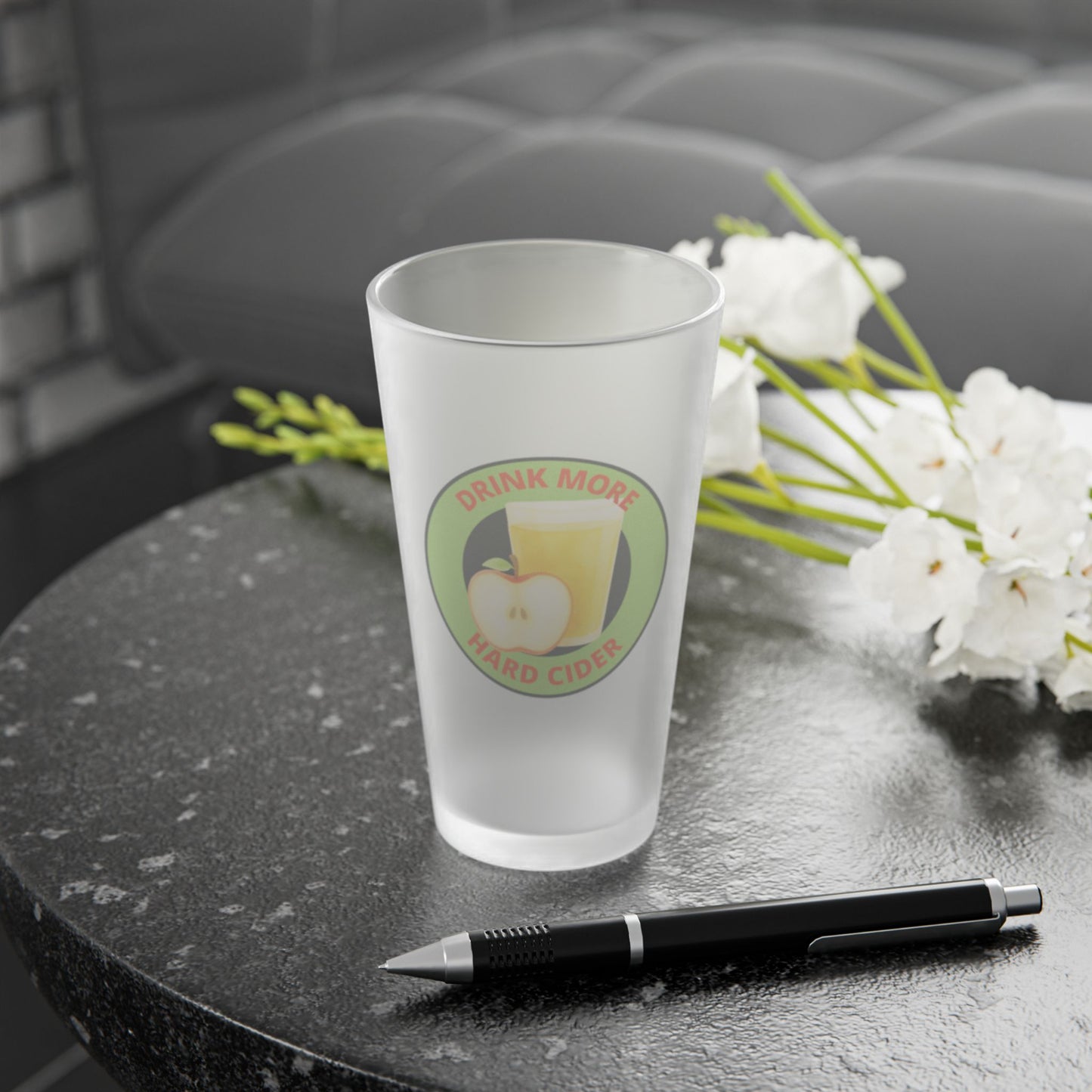 Frosted 16oz Pint Glass – "Drink More Hard Cider" Apple Logo