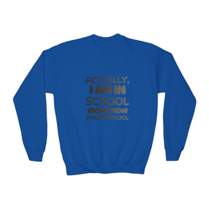 Actually I Am In School Right Now Homeschool Youth Sweatshirt  Funny Homeschooling Kid Shirt