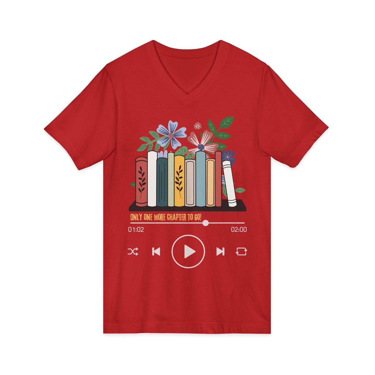 Audio Book Lover V‑Neck Tee  Only One More Chapter to Go Floral Bookshelf T‑Shirt