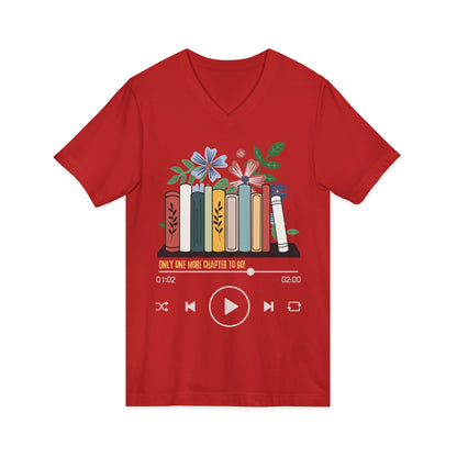 Audio Book Lover V‑Neck Tee  Only One More Chapter to Go Floral Bookshelf T‑Shirt