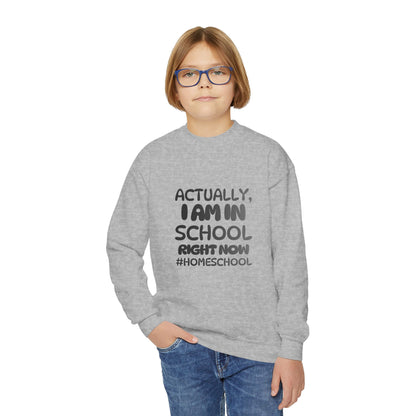 Actually I Am In School Right Now Homeschool Youth Sweatshirt  Funny Homeschooling Kid Shirt
