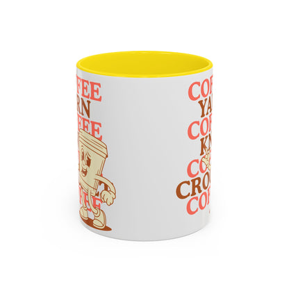 Coffee, Yarn, Knit, Crochet Coffee Mug | Retro Coffee Cup Design
