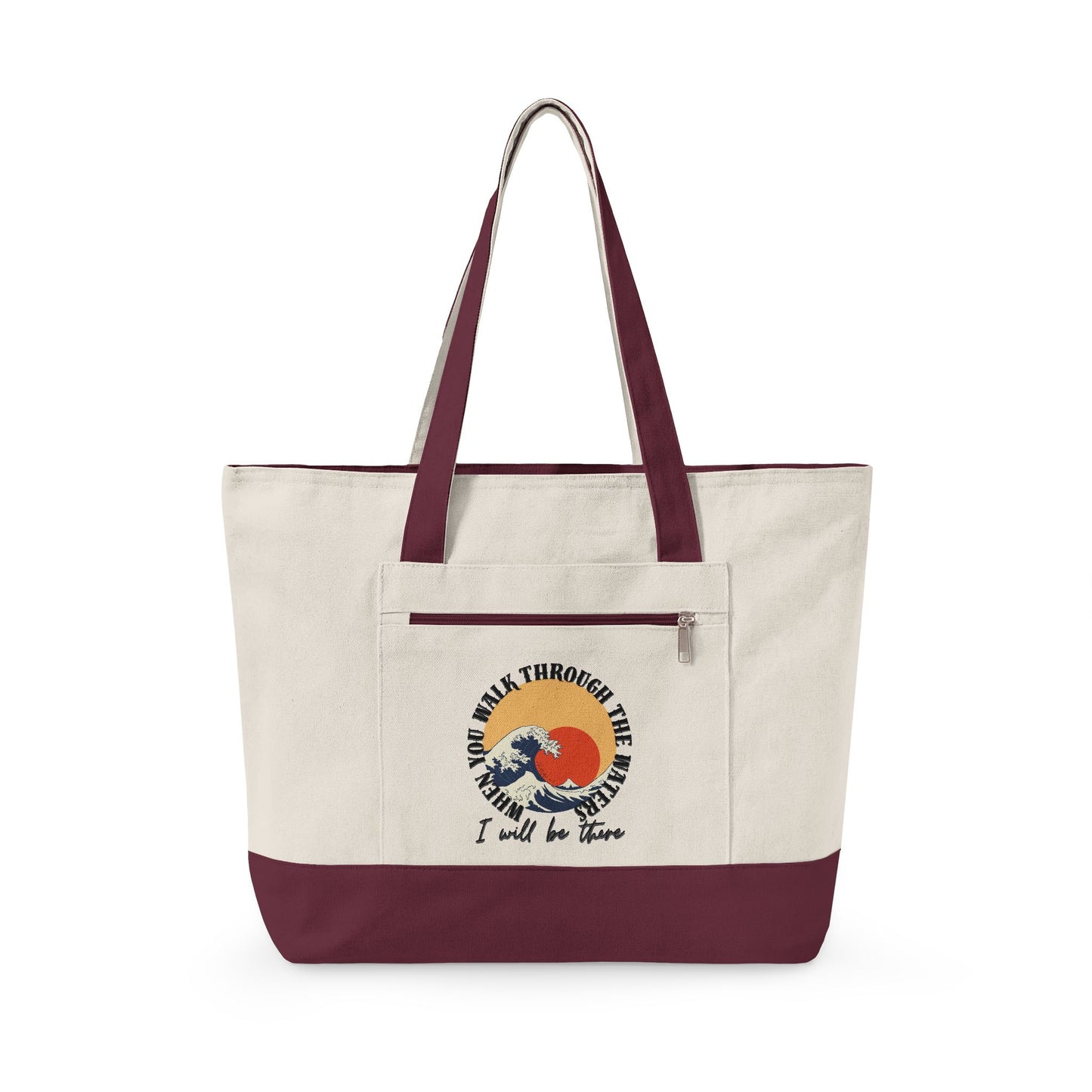 Canvas Tote Bag — Vintage Wave Sunset ‘I Walk the Waves’ Zippered Tote