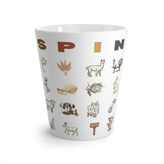 Spinning Fiber Latte Mug — Cozy Shepherding & Wool Icons Coffee Cup