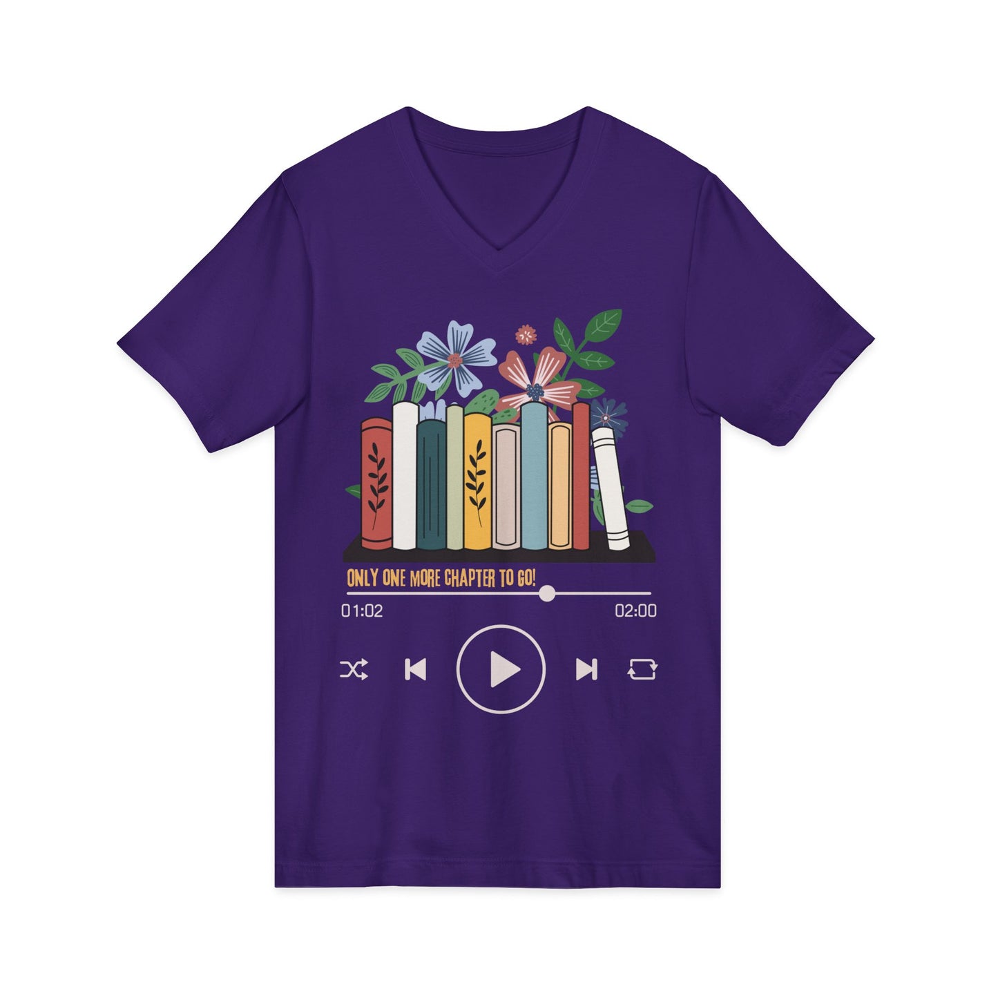 Audio Book Lover V‑Neck Tee  Only One More Chapter to Go Floral Bookshelf T‑Shirt
