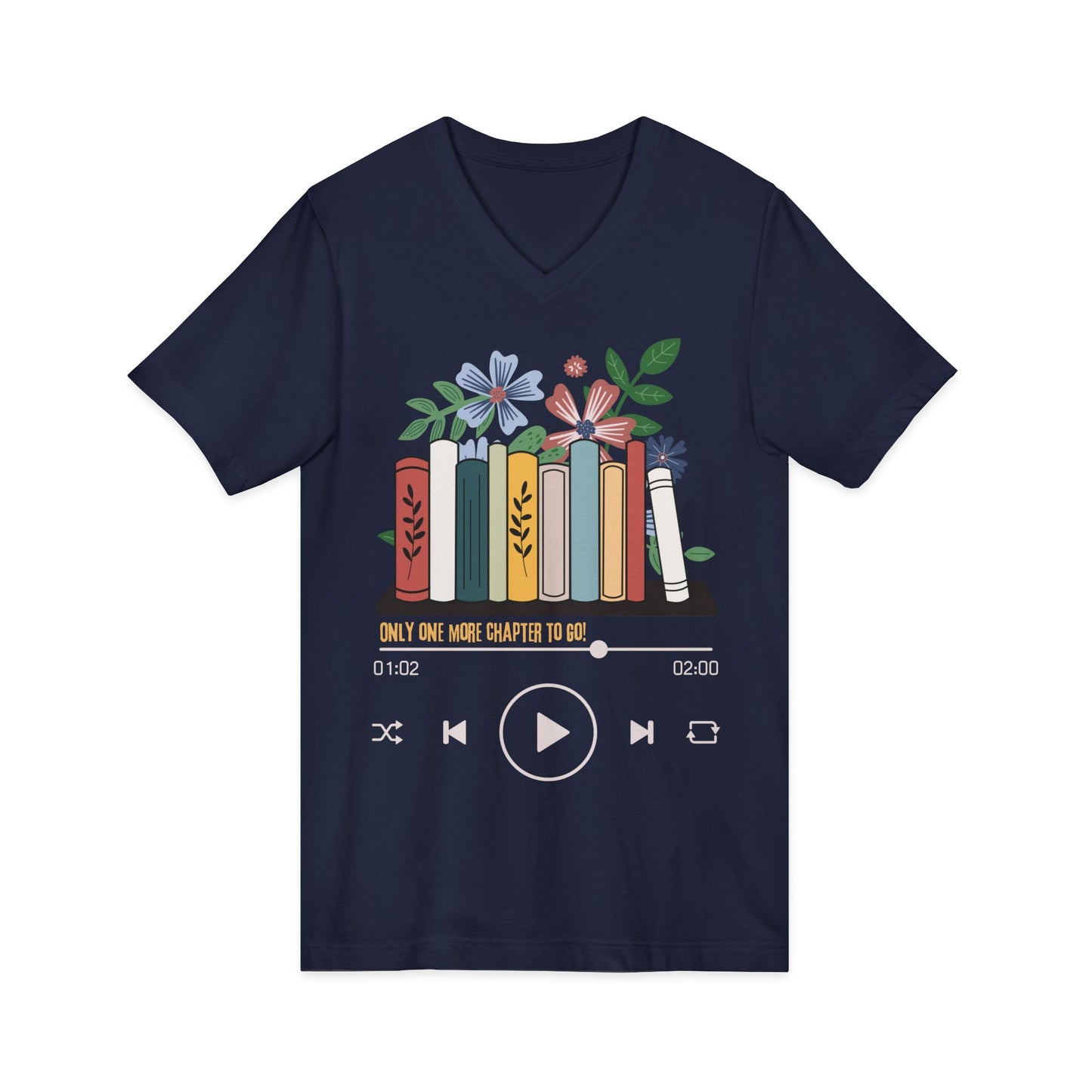 Audio Book Lover V‑Neck Tee  Only One More Chapter to Go Floral Bookshelf T‑Shirt