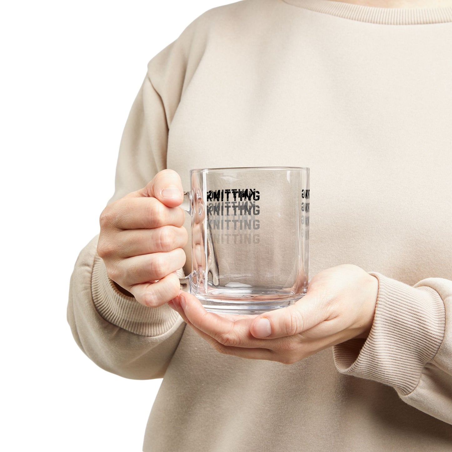 Glass Mug — 'KNITTING' Repeating Text 10oz Clear Coffee Tea Cup for Knitters