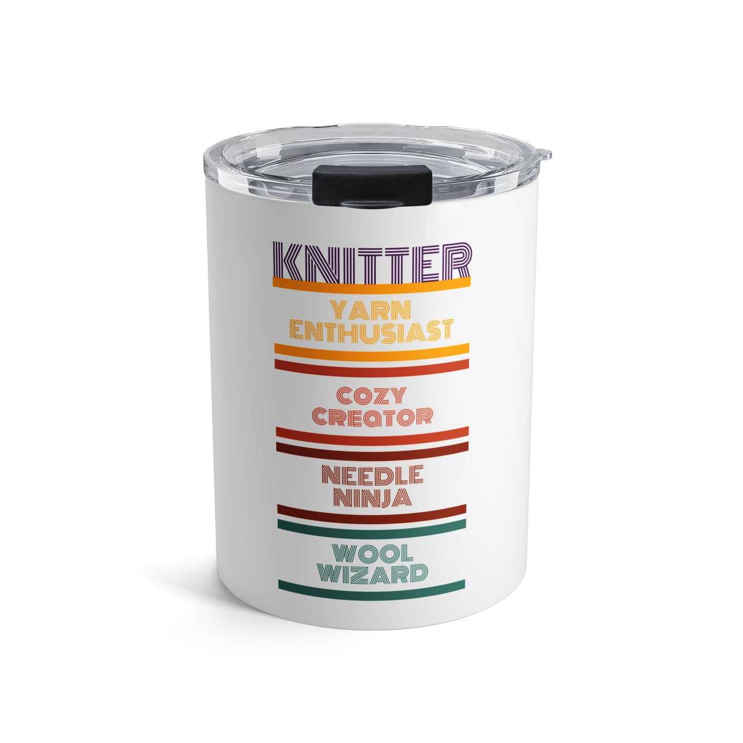 Knitter 10oz Tumbler — 'Knitter: Yarn Enthusiast, Cozy Creator, Needle Ninja, Wool Wizard' Travel Cup