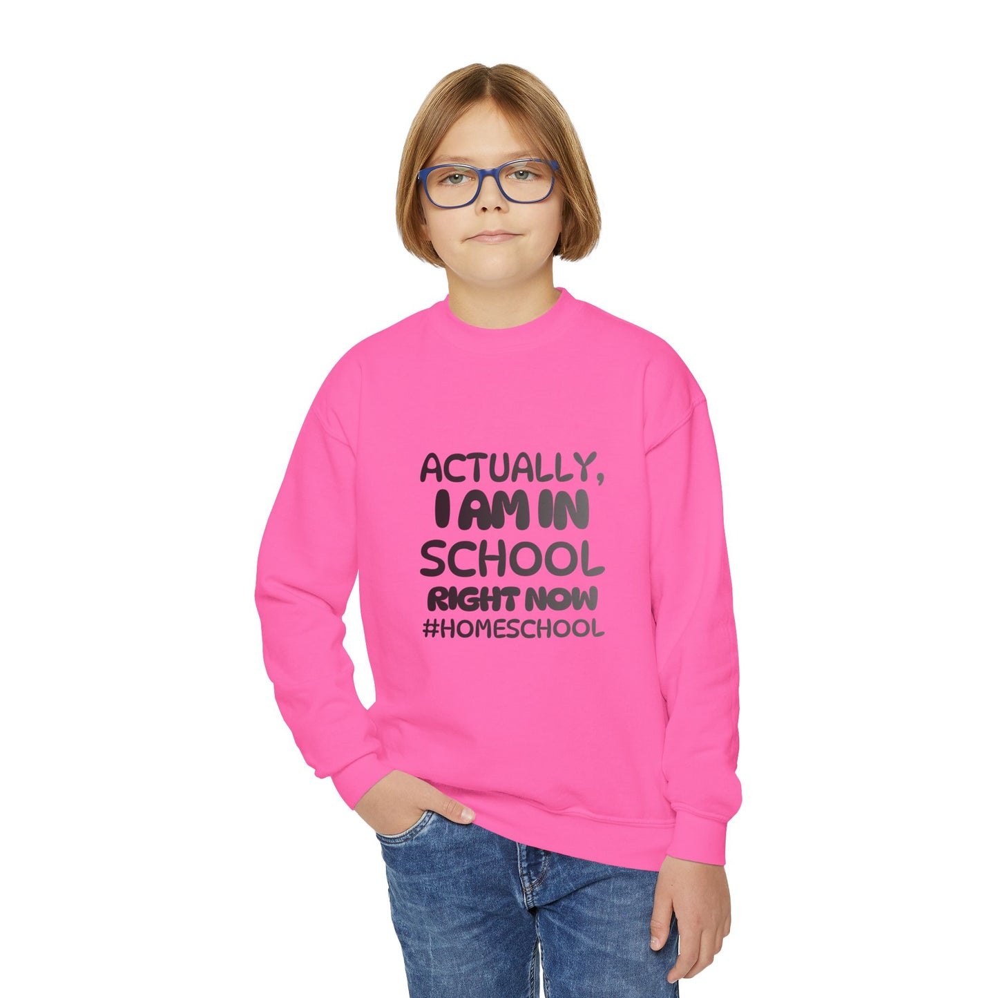 Actually I Am In School Right Now Homeschool Youth Sweatshirt  Funny Homeschooling Kid Shirt