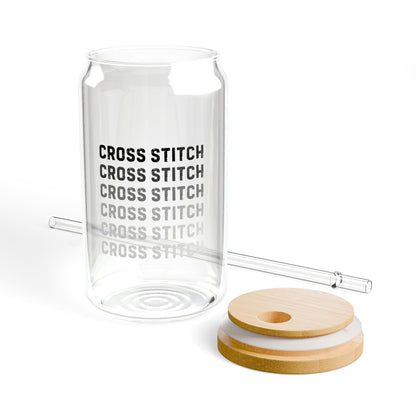 Cross Stitch Glass Sipper — 16oz Bamboo Lid Reusable Straw Tumbler