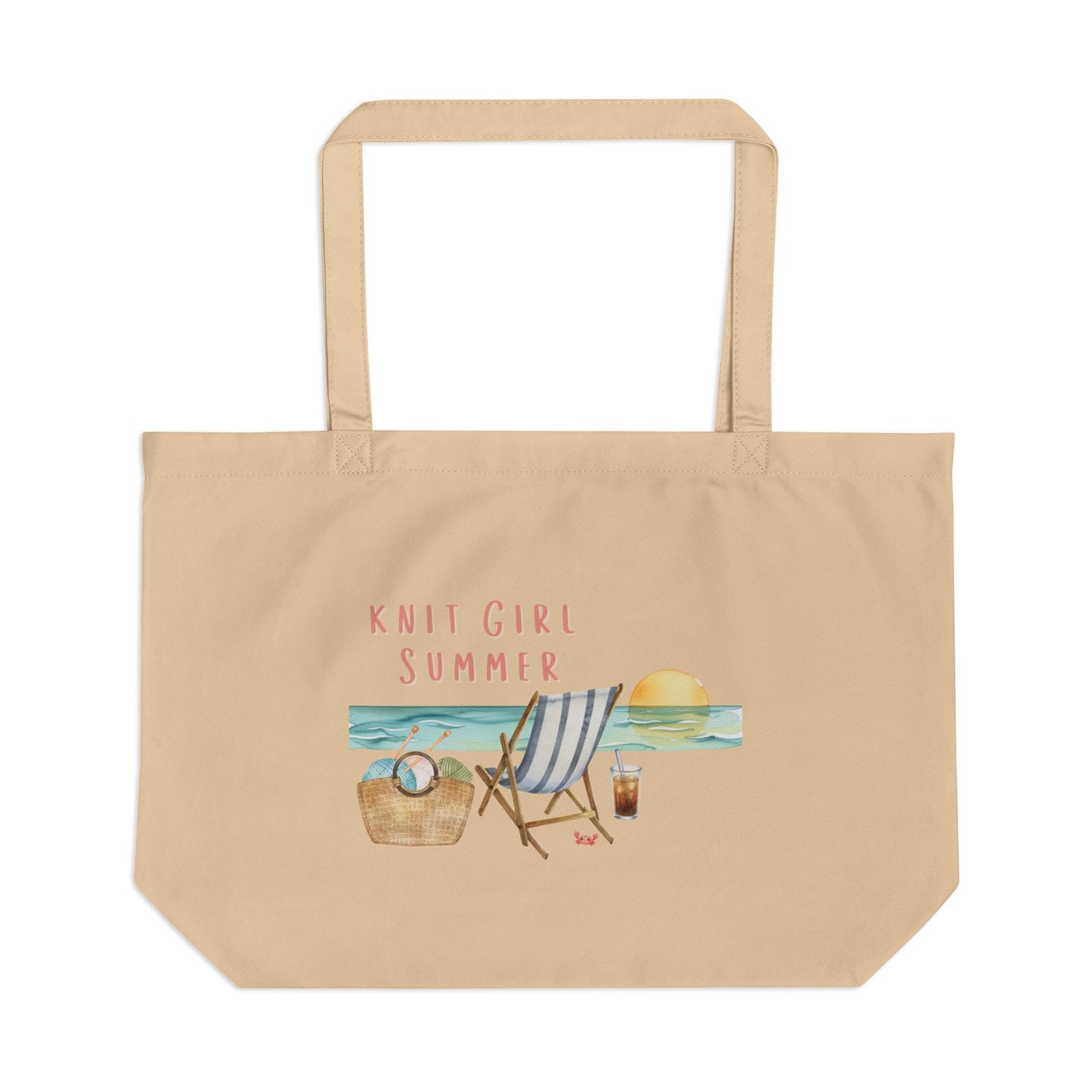 Beach Day Canvas Tote Bag – "Knit Girl Summer" Illustrated Eco Shopper