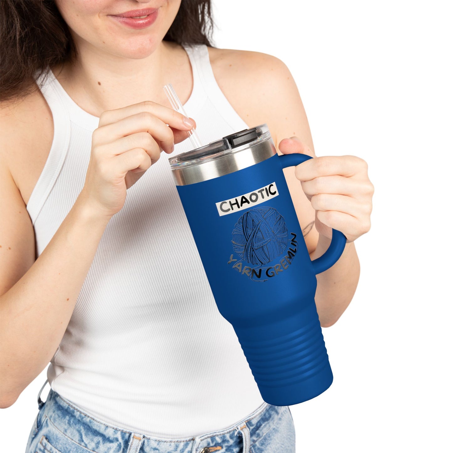 40oz Insulated Travel Mug — "Chaotic Yarn Gremlin" Knitting Lover Tumbler