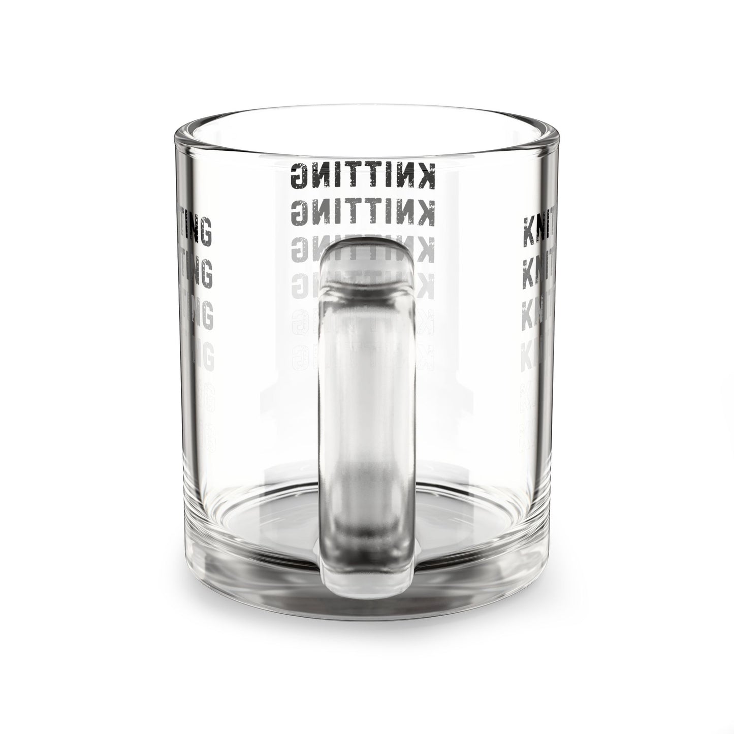 Glass Mug — 'KNITTING' Repeating Text 10oz Clear Coffee Tea Cup for Knitters