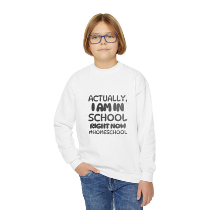 Actually I Am In School Right Now Homeschool Youth Sweatshirt  Funny Homeschooling Kid Shirt