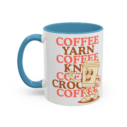 Coffee, Yarn, Knit, Crochet Coffee Mug | Retro Coffee Cup Design