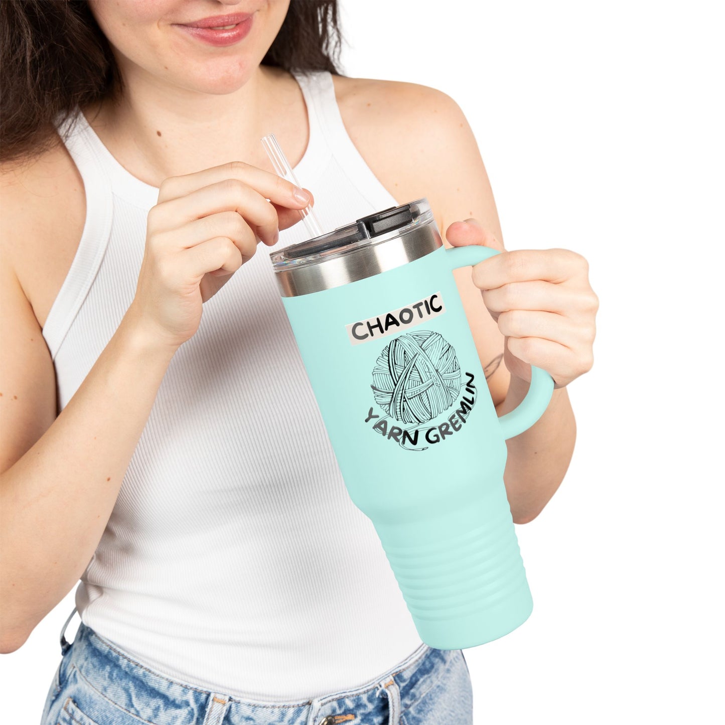 40oz Insulated Travel Mug — "Chaotic Yarn Gremlin" Knitting Lover Tumbler