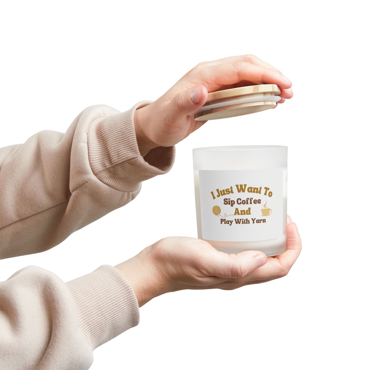 Candle — "I Just Want To Sip Coffee And Play With Yarn" Scented Frosted Glass Candle, 11oz
