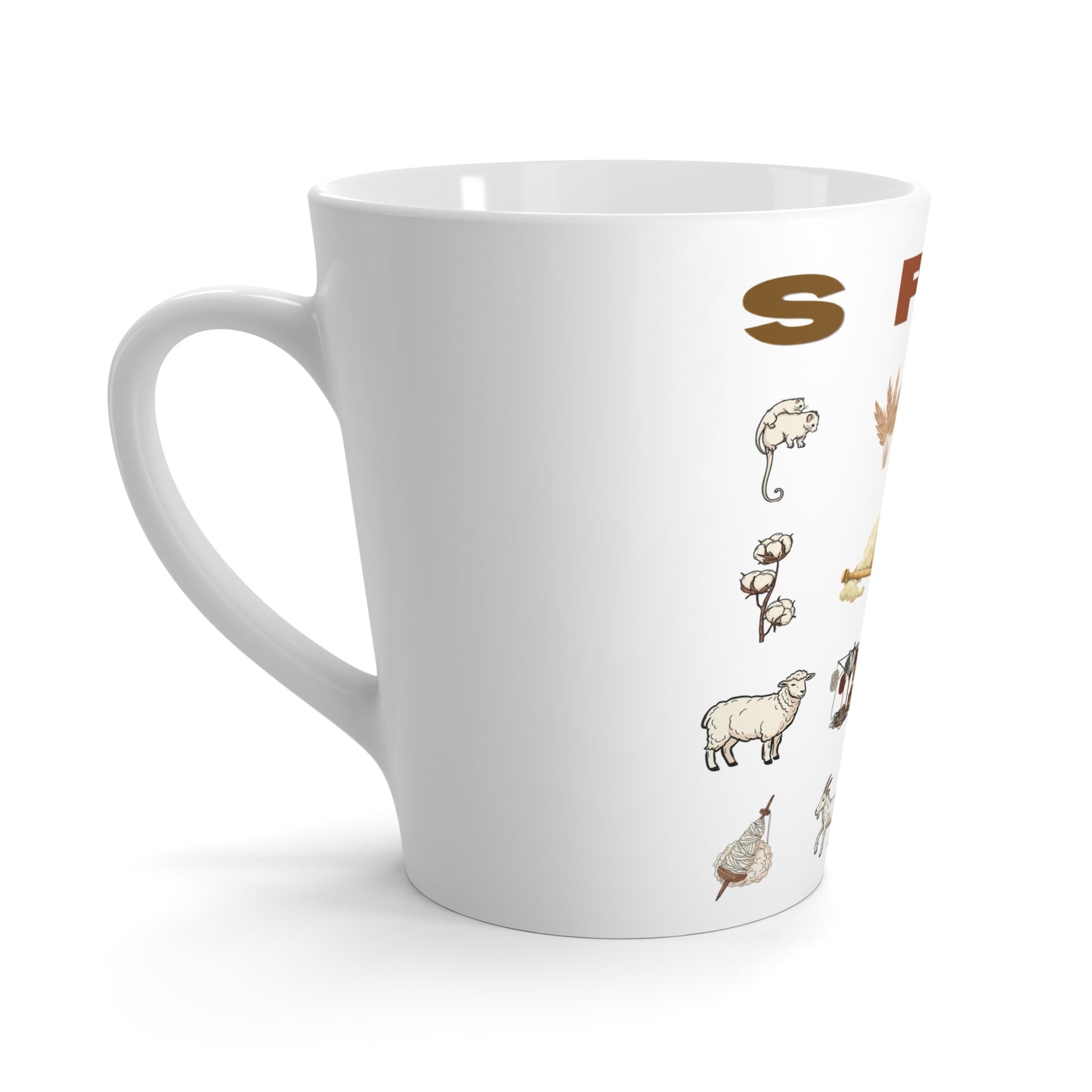 Spinning Fiber Latte Mug — Cozy Shepherding & Wool Icons Coffee Cup