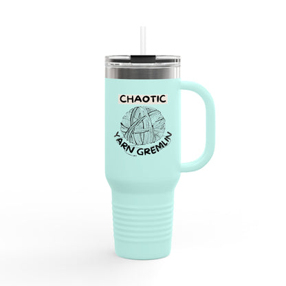 40oz Insulated Travel Mug — "Chaotic Yarn Gremlin" Knitting Lover Tumbler