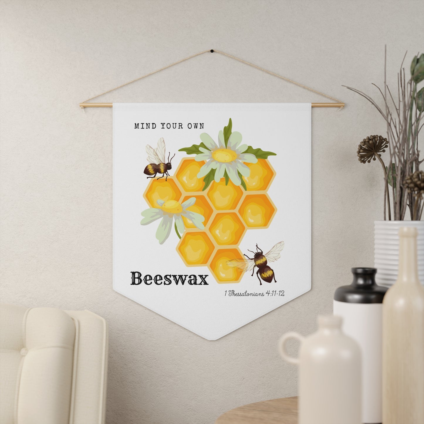 Beeswax Pennant Banner – Honeycomb & Bees Wall Hanging with “Mind Your Own Beeswax”