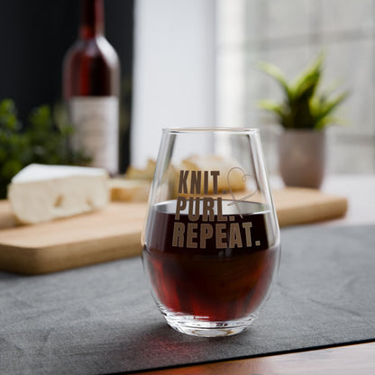 Stemless Wine Glass - "Knit. Purl. Repeat." Glass for Knitting Lovers