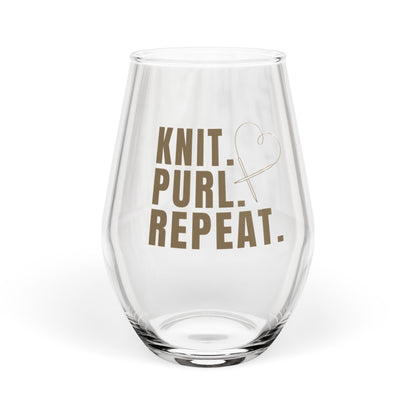 Stemless Wine Glass - "Knit. Purl. Repeat." Glass for Knitting Lovers