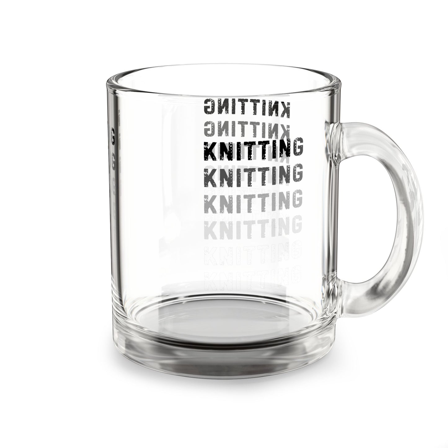Glass Mug — 'KNITTING' Repeating Text 10oz Clear Coffee Tea Cup for Knitters