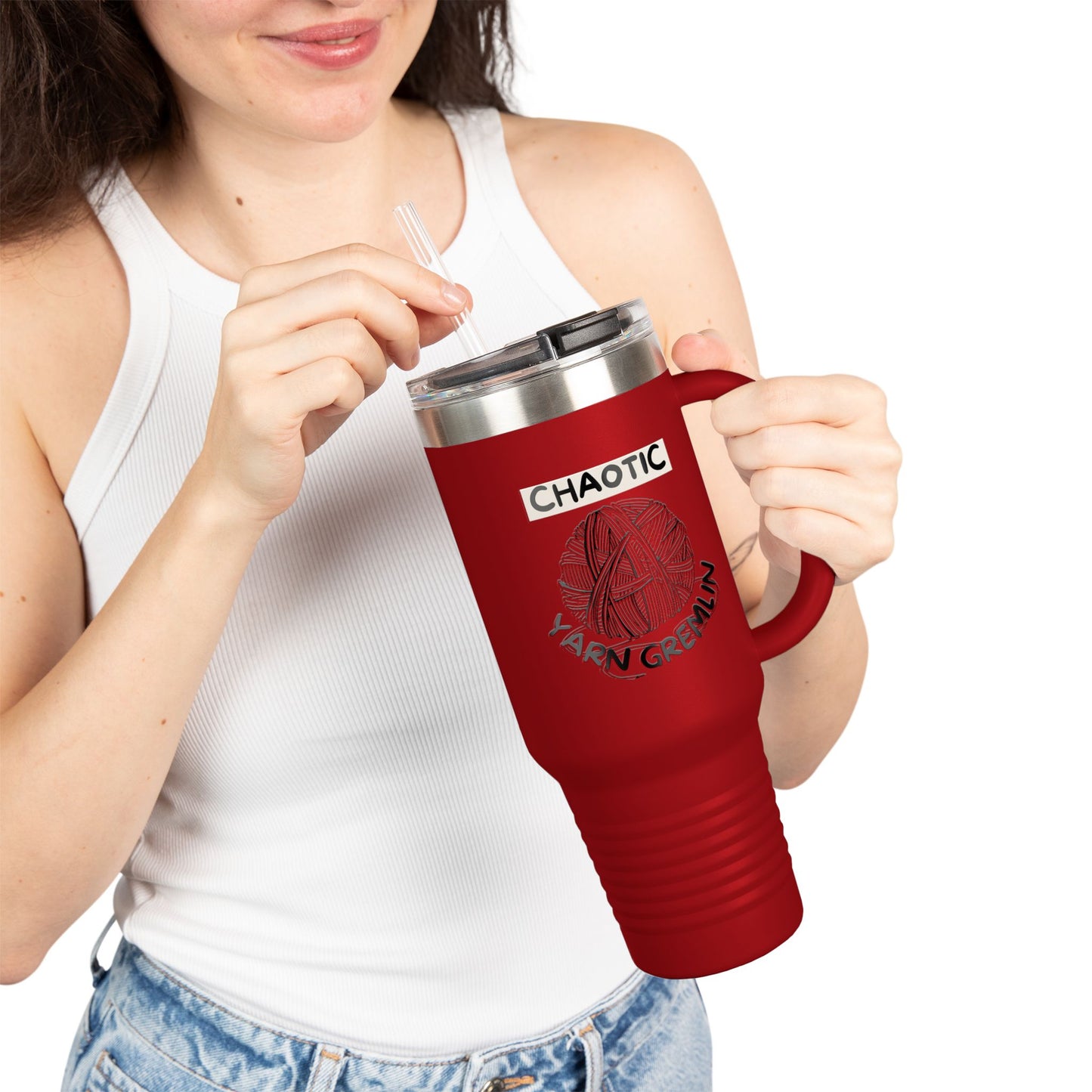 40oz Insulated Travel Mug — "Chaotic Yarn Gremlin" Knitting Lover Tumbler
