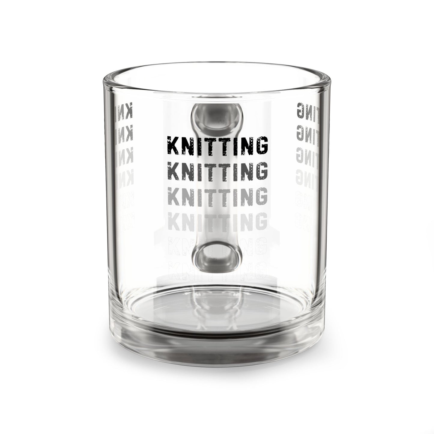 Glass Mug — 'KNITTING' Repeating Text 10oz Clear Coffee Tea Cup for Knitters