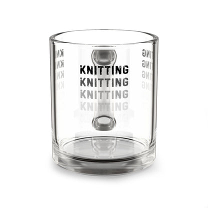 Glass Mug — 'KNITTING' Repeating Text 10oz Clear Coffee Tea Cup for Knitters