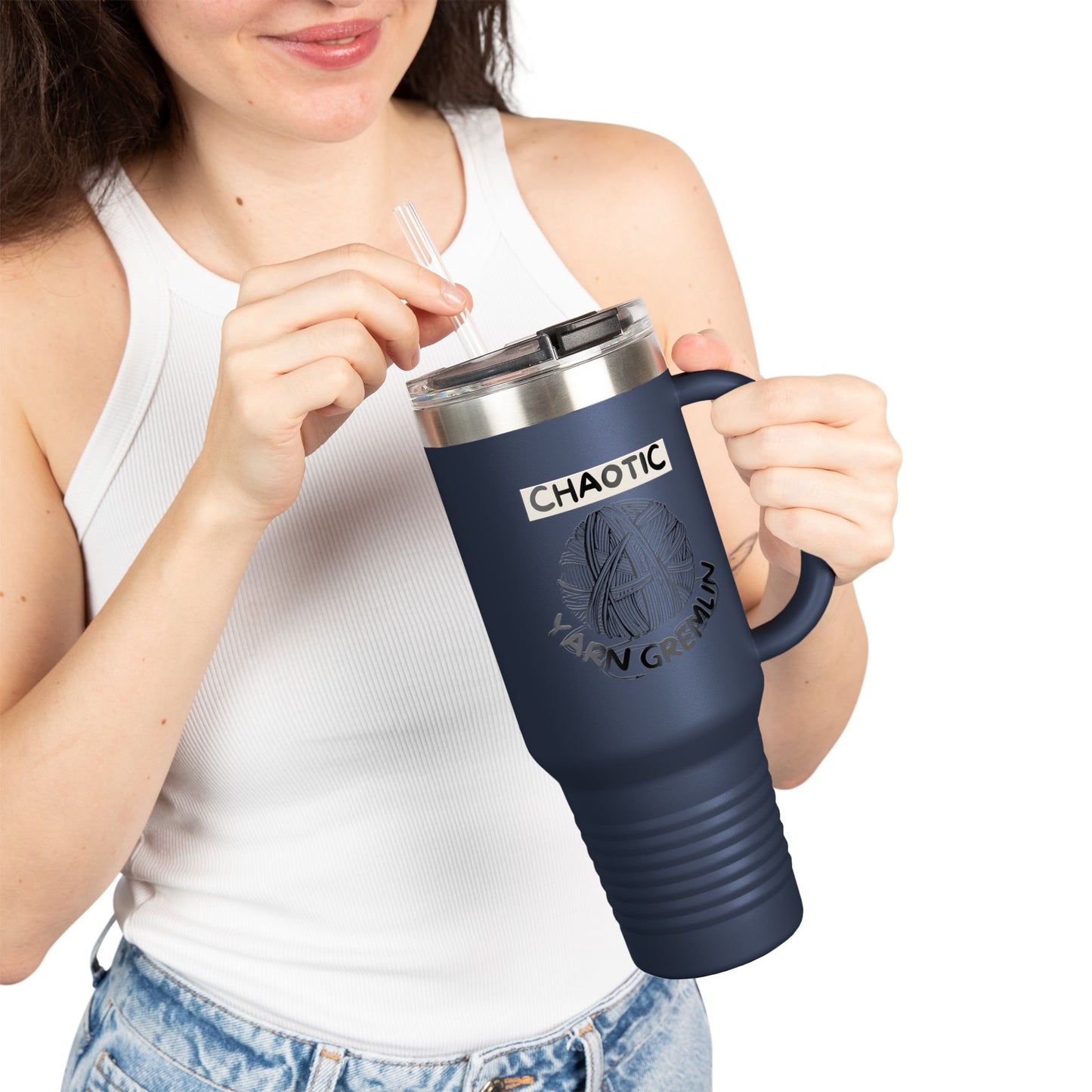 40oz Insulated Travel Mug — "Chaotic Yarn Gremlin" Knitting Lover Tumbler