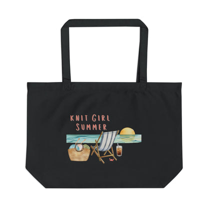 Beach Day Canvas Tote Bag – "Knit Girl Summer" Illustrated Eco Shopper