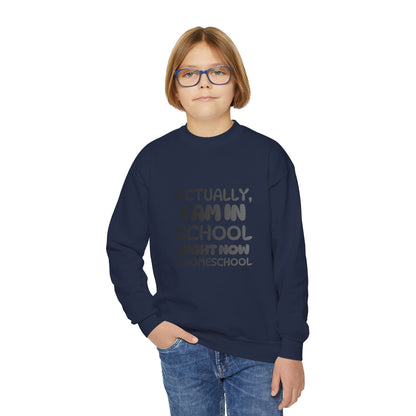 Actually I Am In School Right Now Homeschool Youth Sweatshirt  Funny Homeschooling Kid Shirt