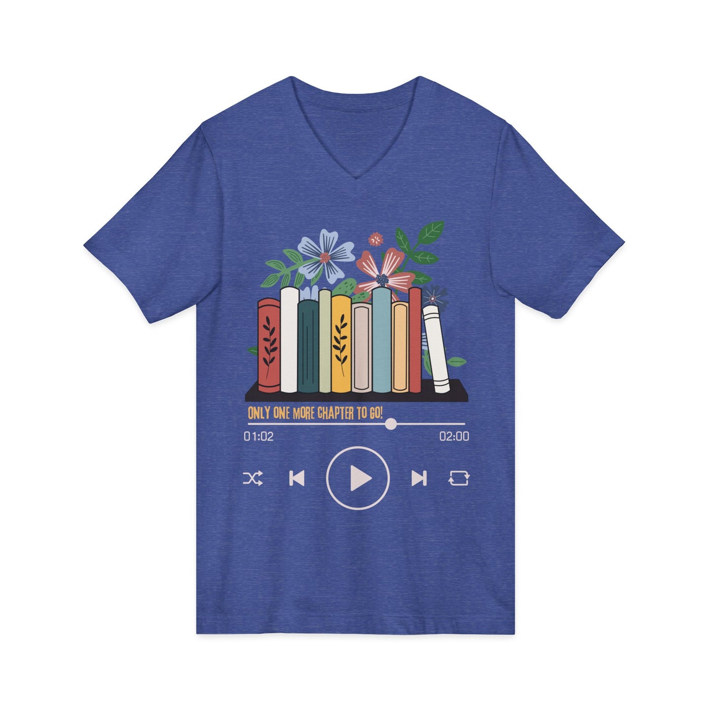 Audio Book Lover V‑Neck Tee  Only One More Chapter to Go Floral Bookshelf T‑Shirt