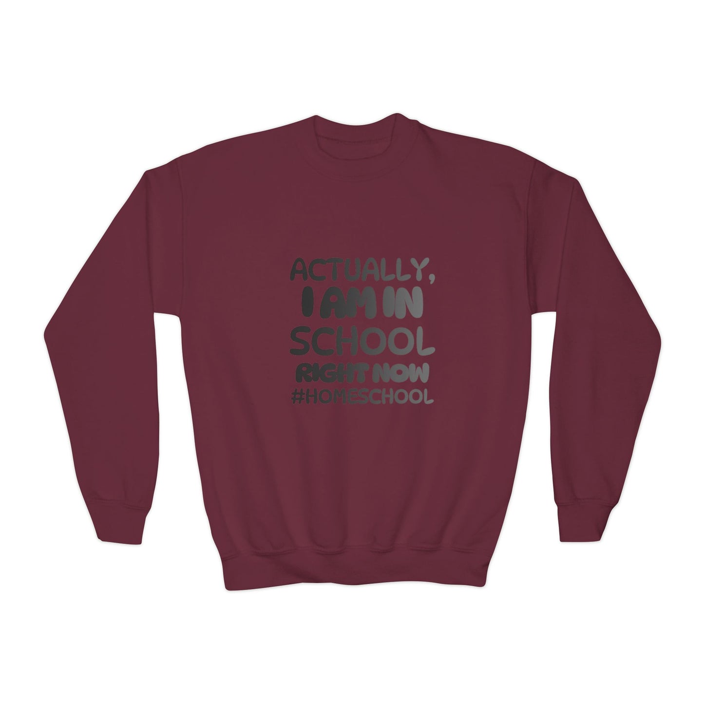 Actually I Am In School Right Now Homeschool Youth Sweatshirt  Funny Homeschooling Kid Shirt