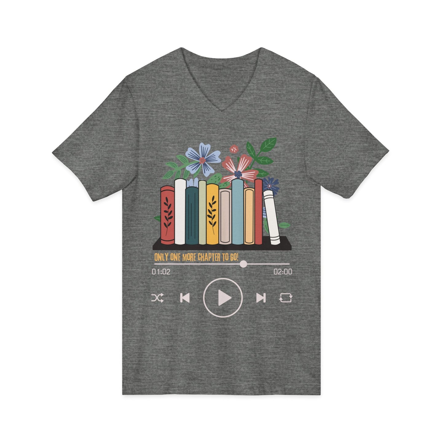 Audio Book Lover V‑Neck Tee  Only One More Chapter to Go Floral Bookshelf T‑Shirt