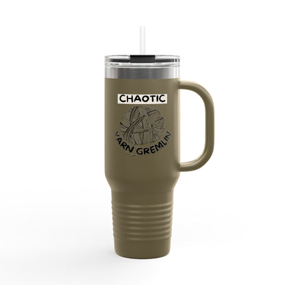 40oz Insulated Travel Mug — "Chaotic Yarn Gremlin" Knitting Lover Tumbler