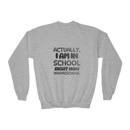 Actually I Am In School Right Now Homeschool Youth Sweatshirt  Funny Homeschooling Kid Shirt
