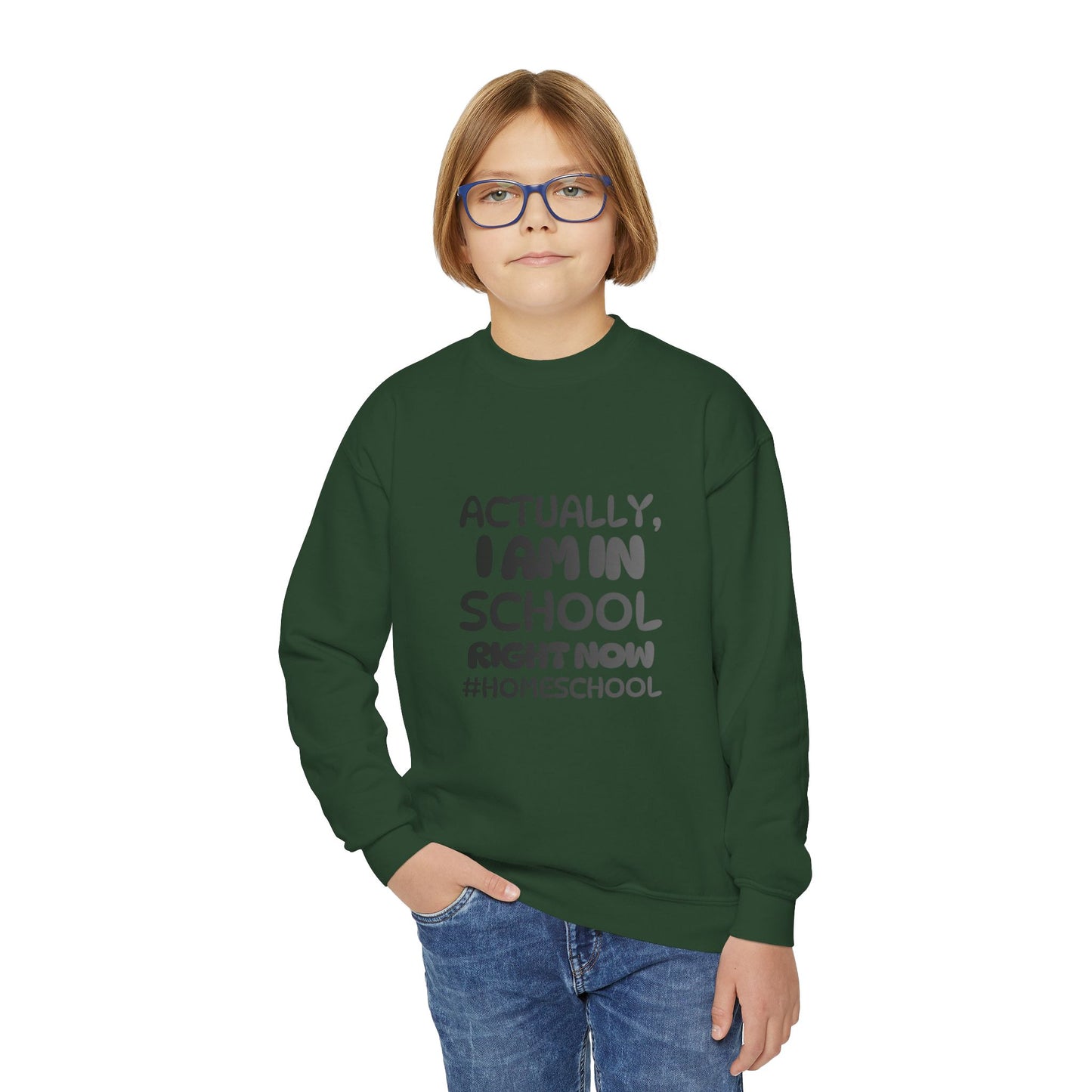 Actually I Am In School Right Now Homeschool Youth Sweatshirt  Funny Homeschooling Kid Shirt