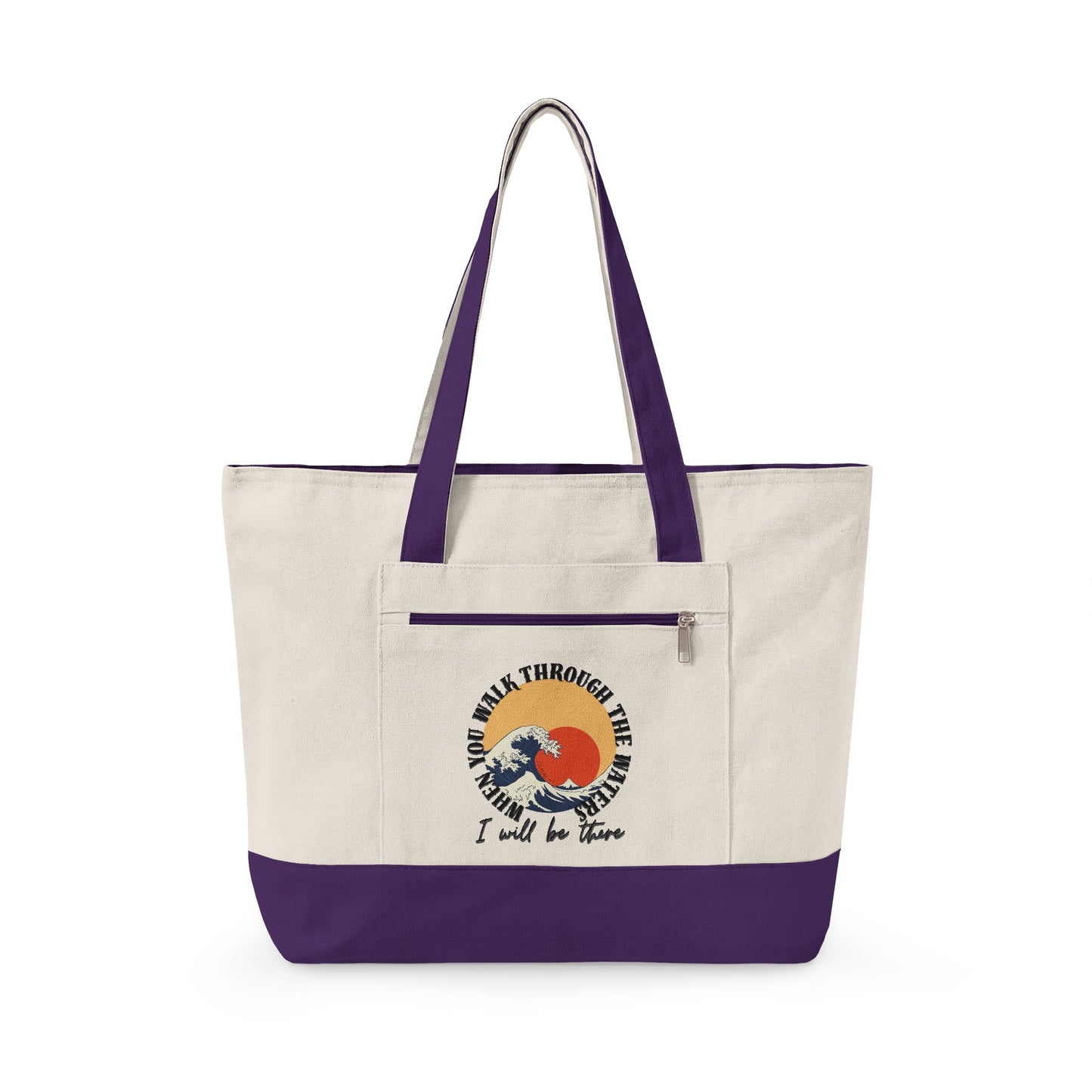 Canvas Tote Bag — Vintage Wave Sunset ‘I Walk the Waves’ Zippered Tote