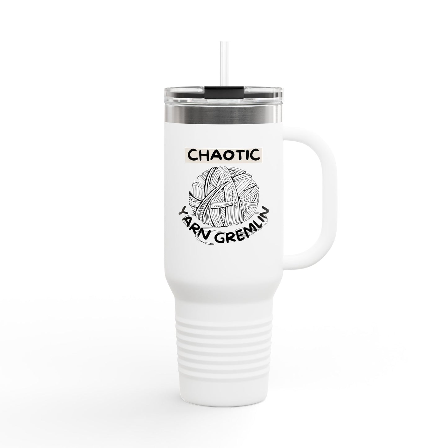 40oz Insulated Travel Mug — "Chaotic Yarn Gremlin" Knitting Lover Tumbler