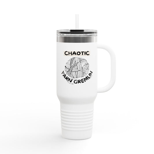 40oz Insulated Travel Mug — "Chaotic Yarn Gremlin" Knitting Lover Tumbler