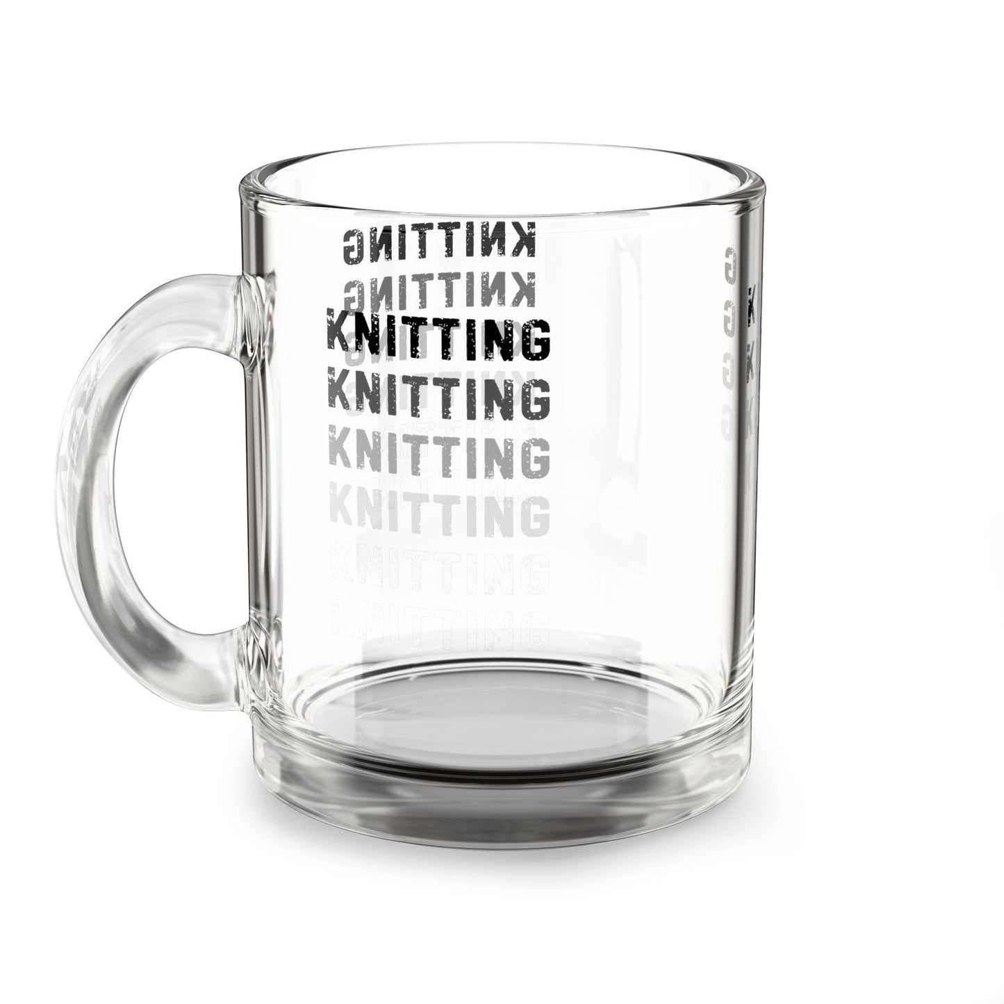 Glass Mug — 'KNITTING' Repeating Text 10oz Clear Coffee Tea Cup for Knitters