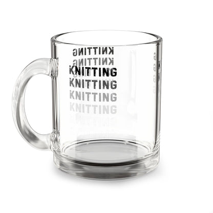 Glass Mug — 'KNITTING' Repeating Text 10oz Clear Coffee Tea Cup for Knitters