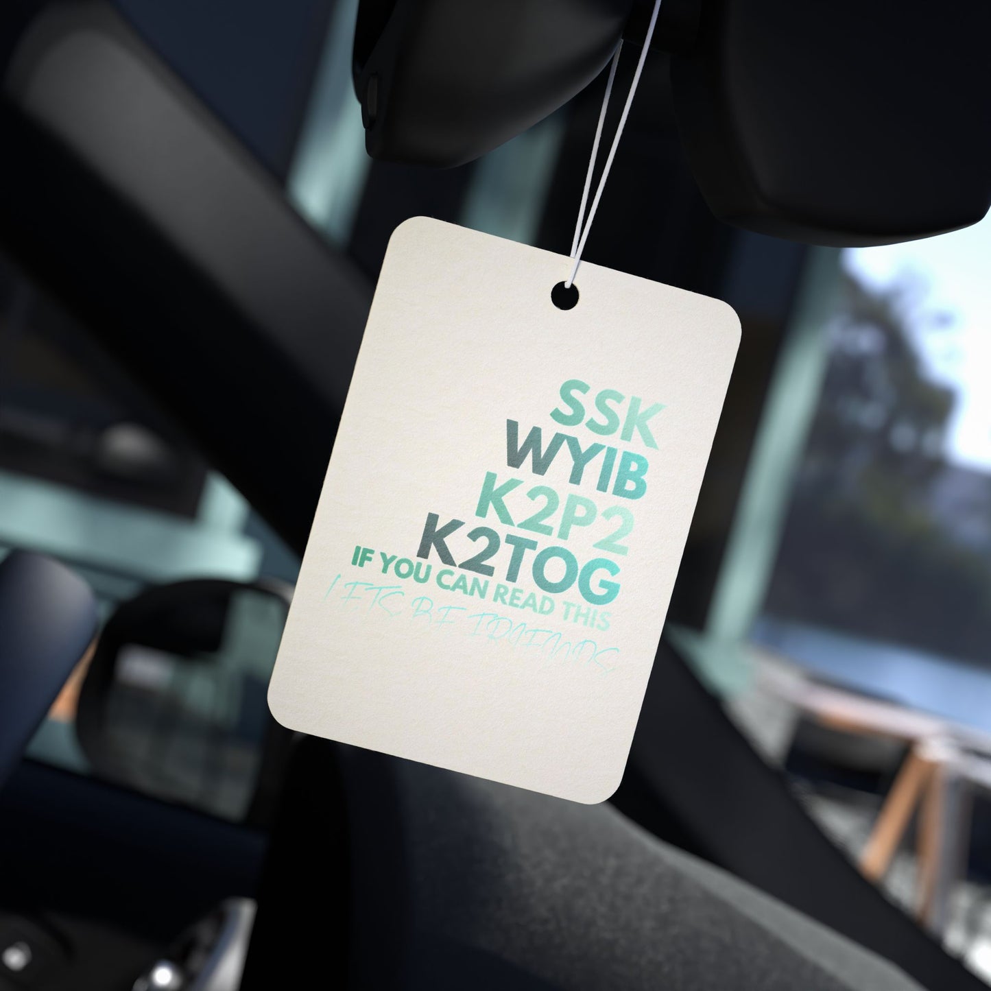 Knitters’ Code Car Air Freshener — SSK WYIB K2P2 K2TOG Design