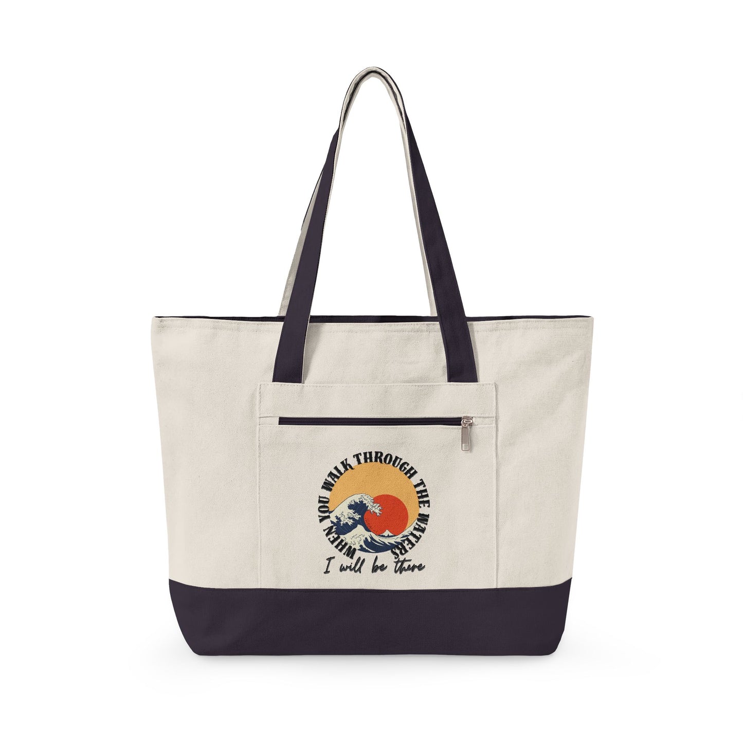Canvas Tote Bag — Vintage Wave Sunset ‘I Walk the Waves’ Zippered Tote