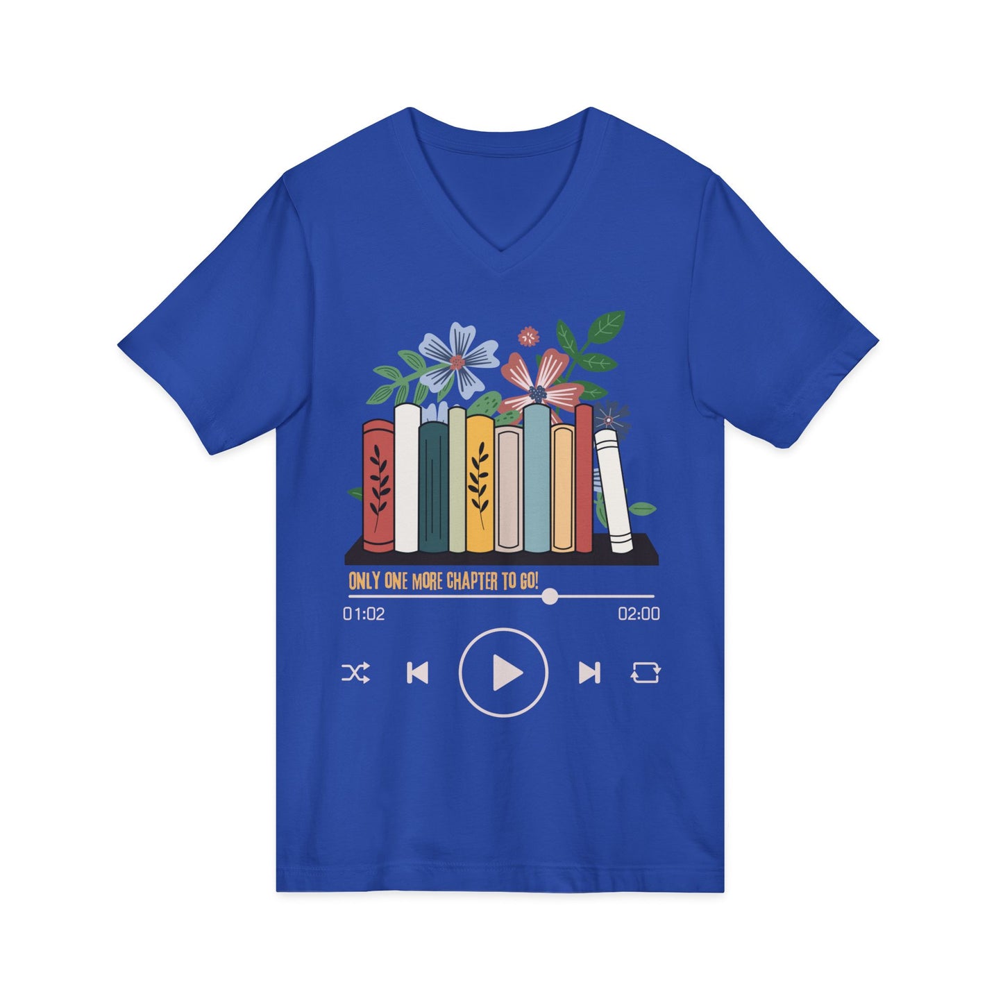 Audio Book Lover V‑Neck Tee  Only One More Chapter to Go Floral Bookshelf T‑Shirt
