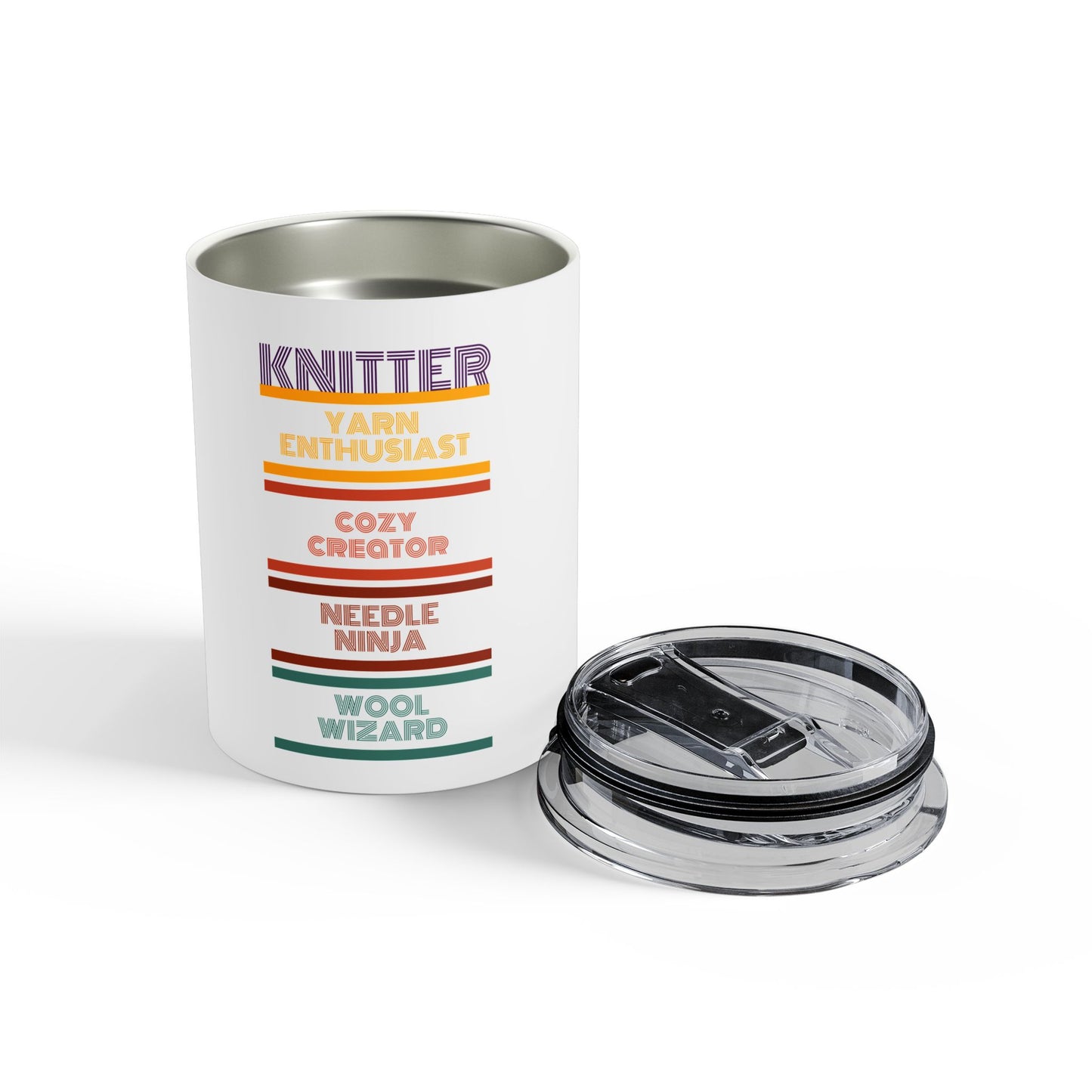 Knitter 10oz Tumbler — 'Knitter: Yarn Enthusiast, Cozy Creator, Needle Ninja, Wool Wizard' Travel Cup