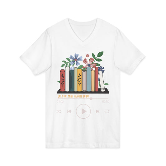 Audio Book Lover V‑Neck Tee  Only One More Chapter to Go Floral Bookshelf T‑Shirt