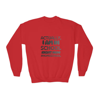 Actually I Am In School Right Now Homeschool Youth Sweatshirt  Funny Homeschooling Kid Shirt